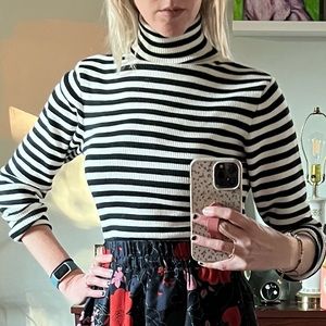 Lucy & Yak Aiden Roll Neck Top: ORGANIC COTTON KNIT - Black & White Stripe